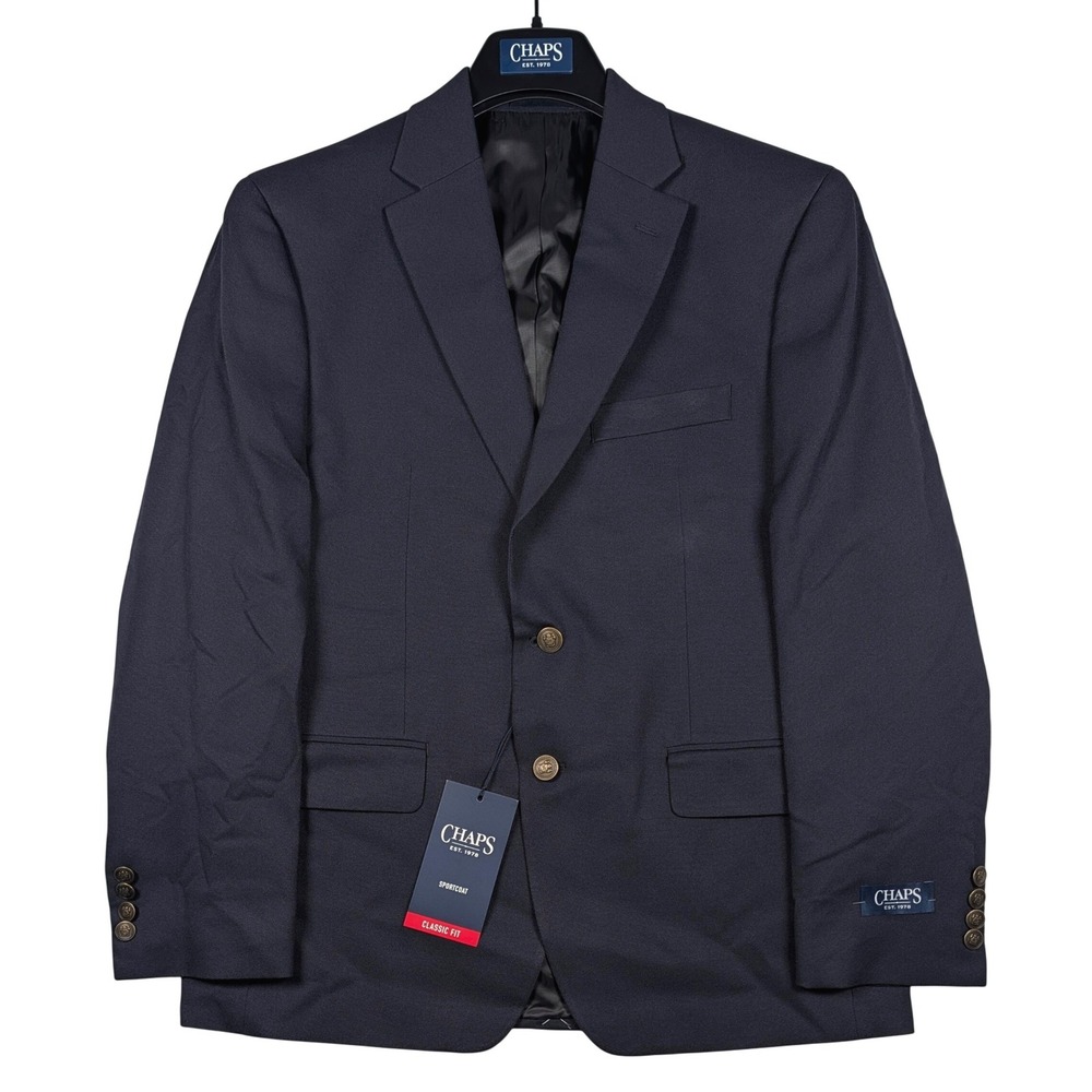 Chaps Sport Coat Mens 40S Navy Blue Classic Fit 2-Button Gold Crest Blazer NEW